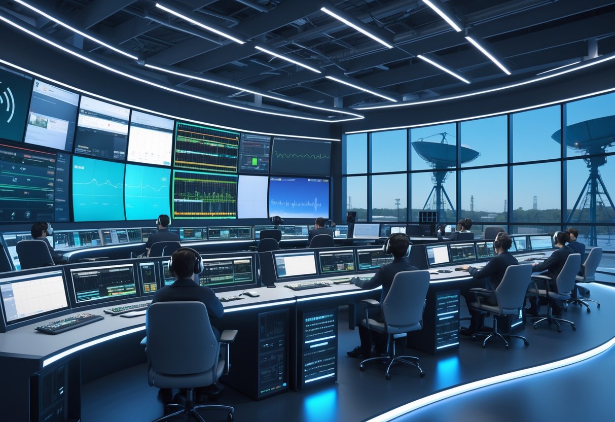 A broadcast operations centre with technicians working at desks surrounded by monitors, audio mixers, and video equipment.