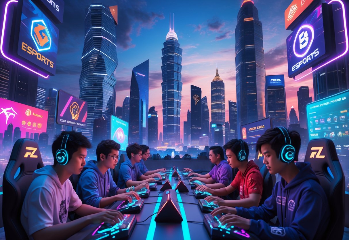A futuristic cityscape with neon lights and diverse gamers playing esports on advanced setups, surrounded by holographic displays and iconic Southeast Asian landmarks.
