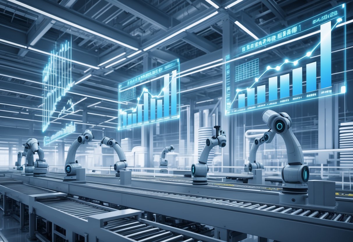 A futuristic factory floor with robotic arms and conveyor belts, showing holographic charts indicating steady growth in manufacturing production.