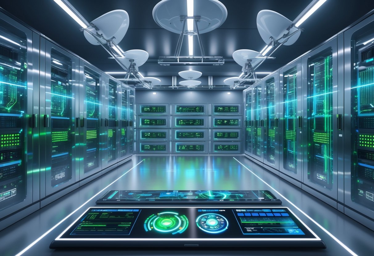 A 3D scene showing a server room with glowing data storage units, network servers, broadcast antennas, and holographic control panels.