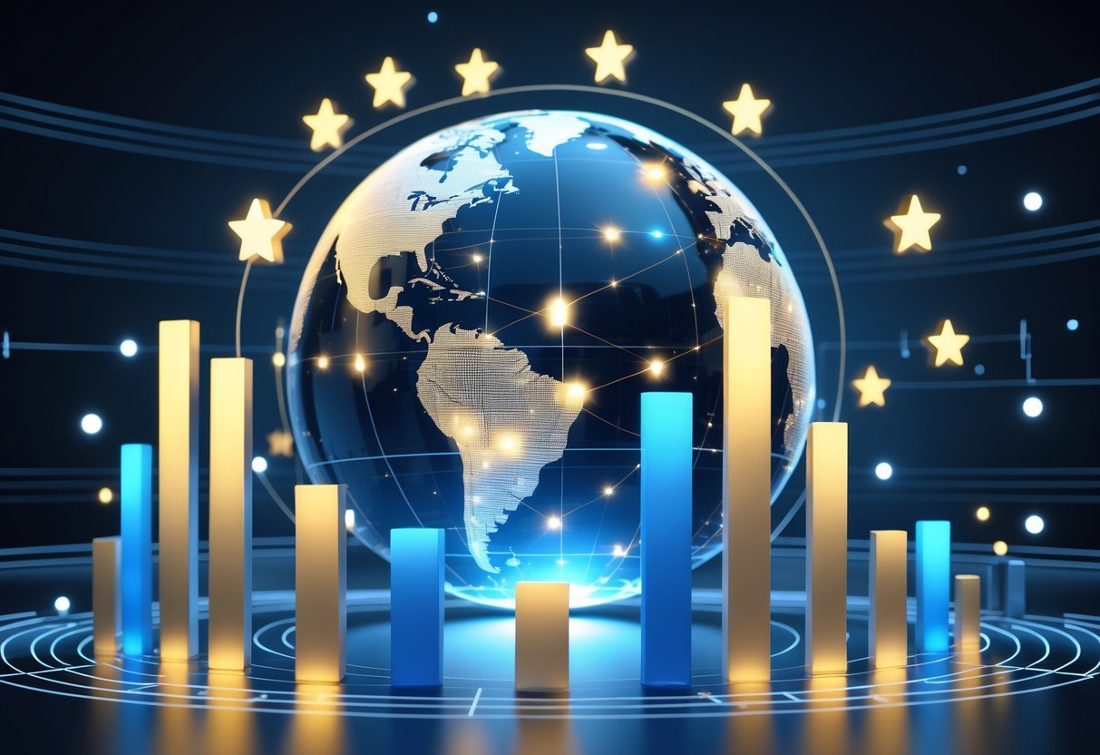 A 3D rendering showing a globe focused on Europe with glowing stars and various coloured bar and line charts around it, representing production value trends.