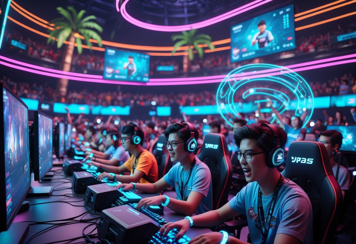 A lively esports arena with gamers playing on computers surrounded by cheering crowds and cityscape in the background.