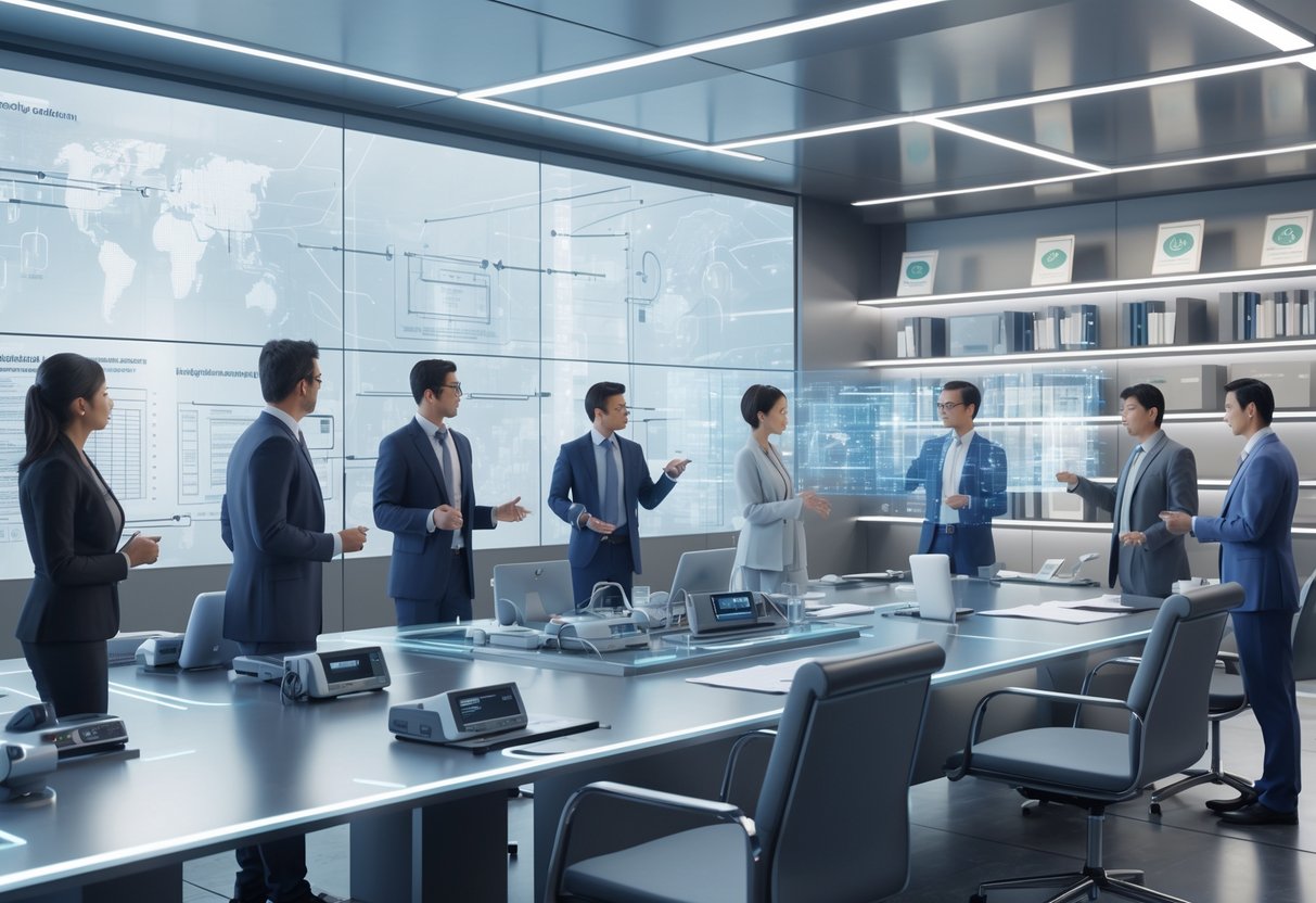 A group of professionals collaborating in a modern conference room with digital screens and broadcast technology equipment.