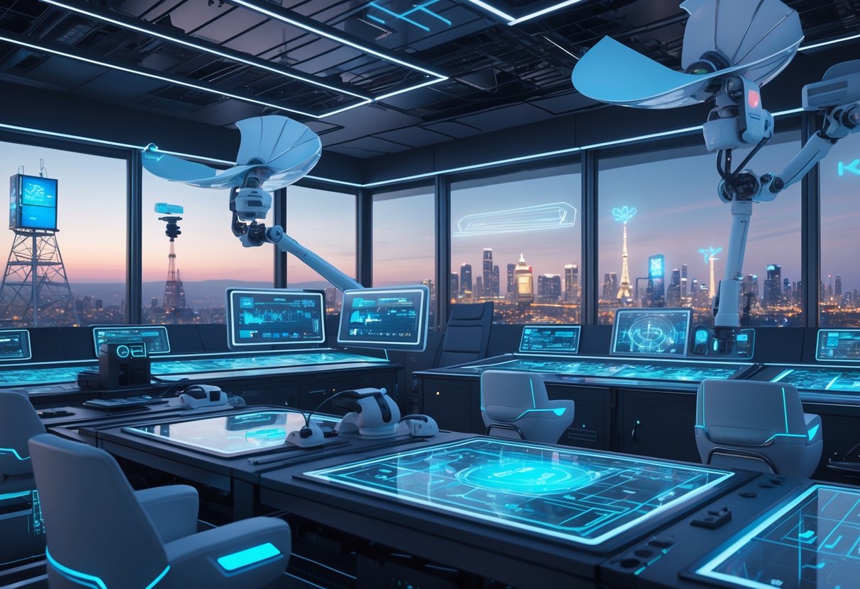 A futuristic broadcast control room with holographic screens, robotic arms, satellite dishes, and a city skyline with digital billboards and drones transmitting signals.