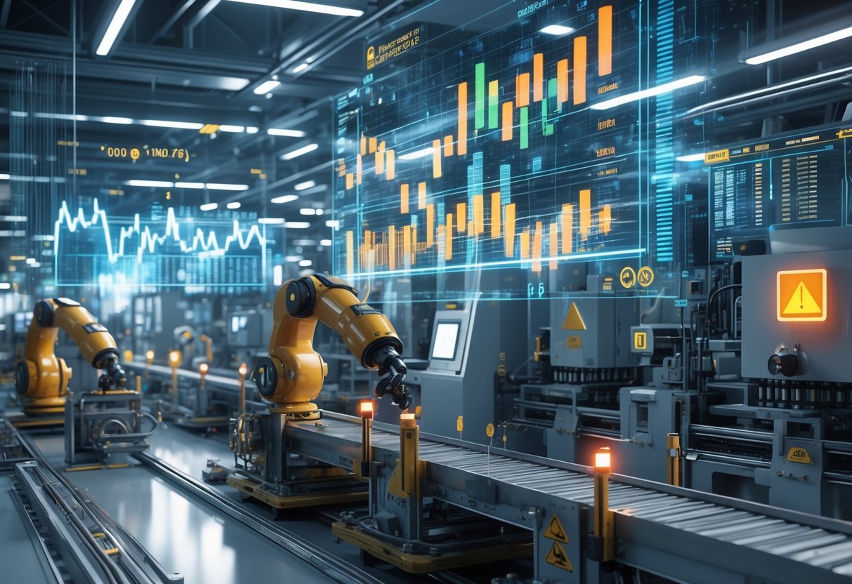 A 3D scene of a factory floor with machinery, robotic arms, and holographic data displays showing production trends and warning signals.