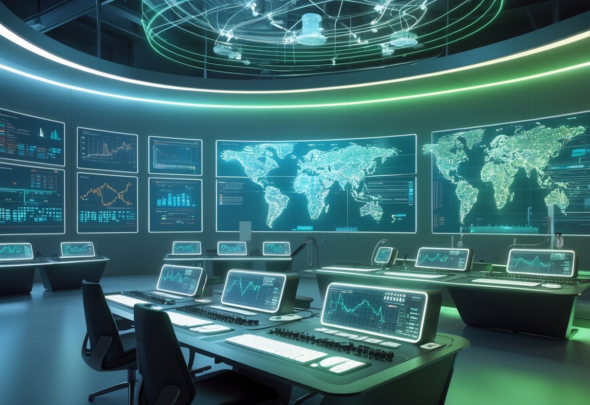 A 3D scene of a high-tech broadcast control room with holographic screens, satellite equipment, and a digital map showing global signal coverage.