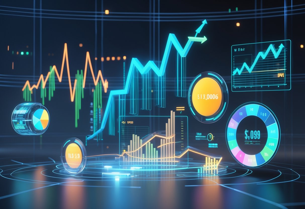A 3D scene showing floating holographic charts and graphs representing growth and value trends across different sectors.