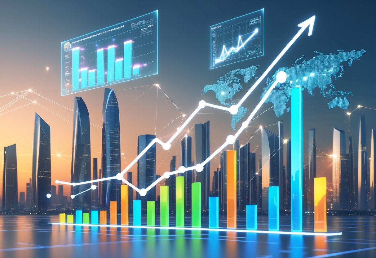 A futuristic city skyline at sunset with glowing 3D charts and graphs representing rising production values and global connectivity.