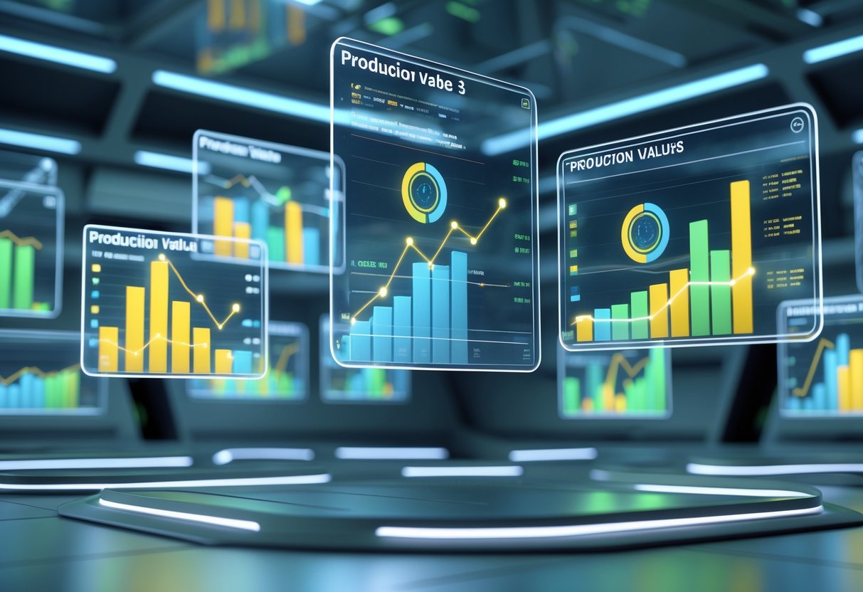 A futuristic control room with floating holographic charts and graphs showing production value trends.