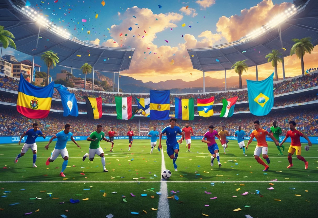 A football stadium in Latin America filled with cheering fans and players competing on the pitch surrounded by regional landmarks and vibrant atmosphere.