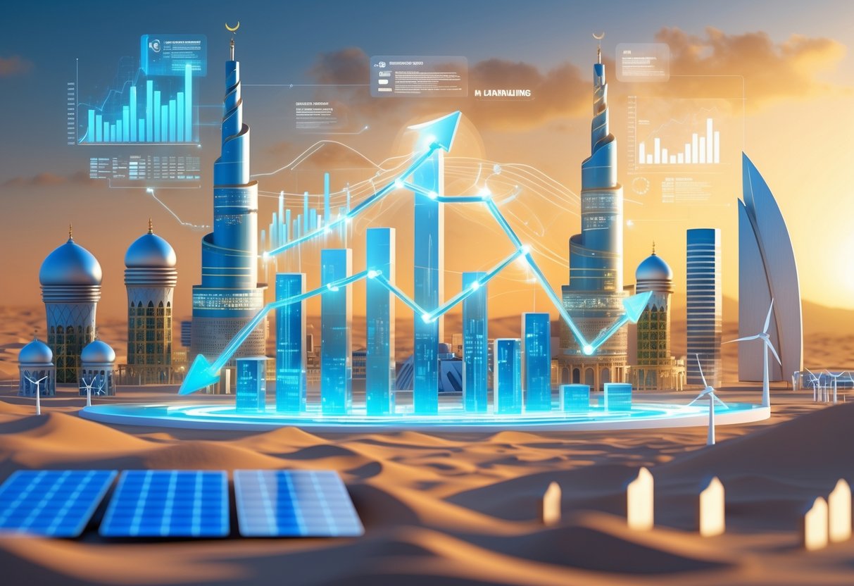 A futuristic Middle Eastern city skyline with rising financial graphs and digital data streams, blending urban buildings and desert landscape with renewable energy installations.