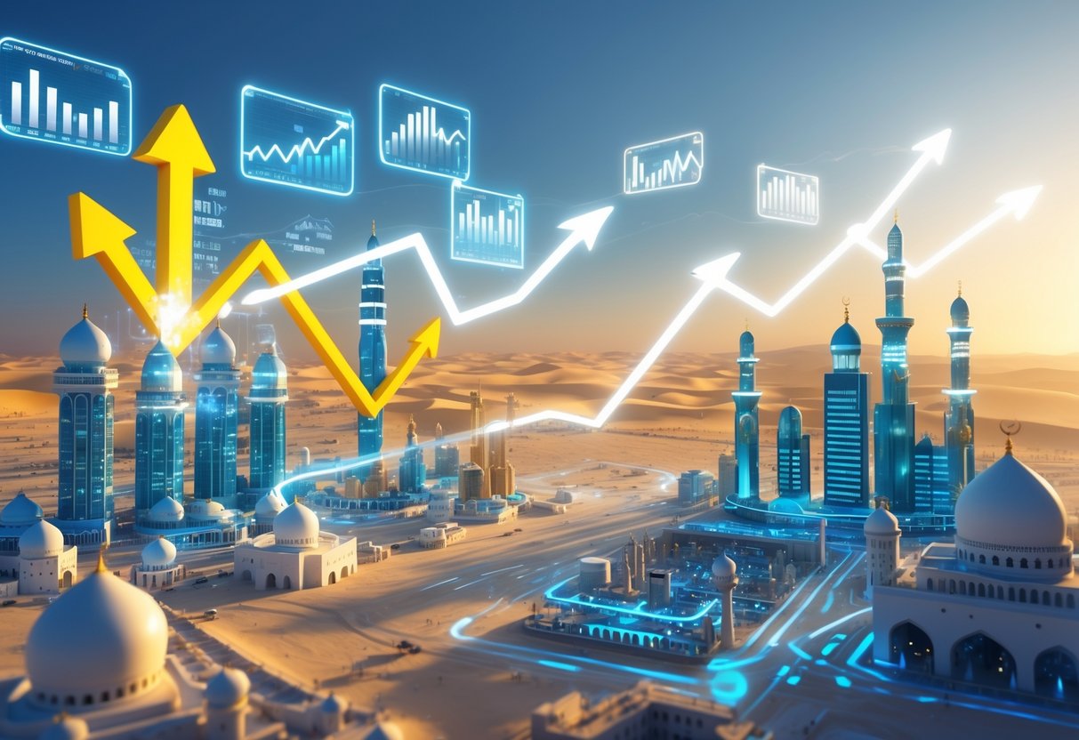 A futuristic Middle Eastern city with traditional and modern buildings surrounded by glowing financial graphs and rising arrows symbolising economic growth.