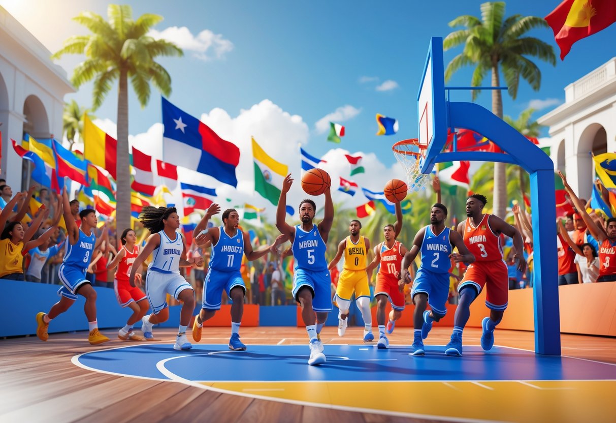A lively basketball game taking place outdoors with players and fans from Latin America, surrounded by colourful flags and local architecture.