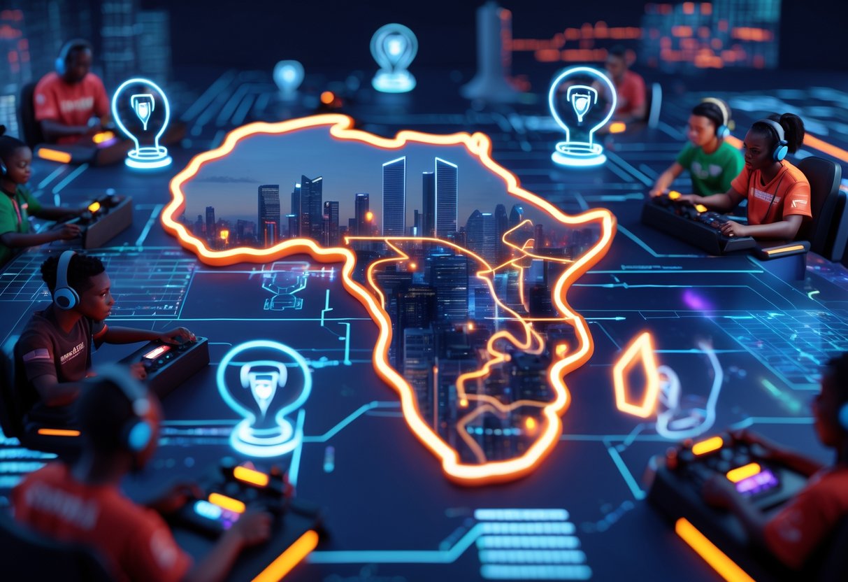 A digital 3D map of Africa glowing with highlighted cities and diverse gamers playing esports in futuristic settings.