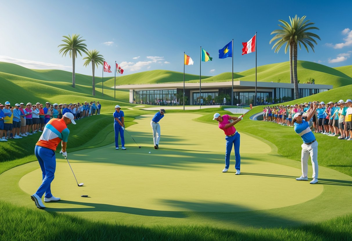 A golf tournament scene with players swinging and putting on a green course surrounded by cheering spectators and palm trees under a clear sky.