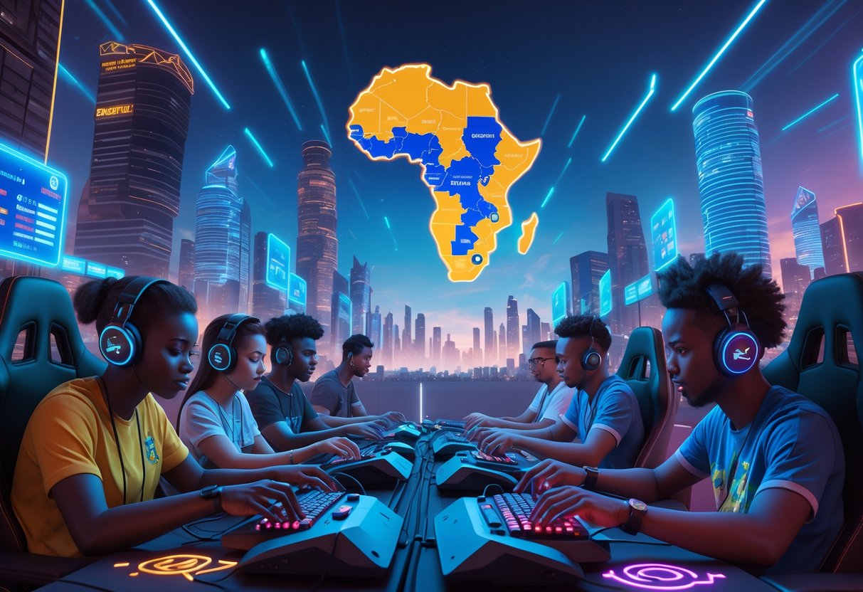 A group of African gamers playing video games in a futuristic gaming arena with a cityscape blending modern and traditional African buildings in the background, surrounded by holographic esports visuals.