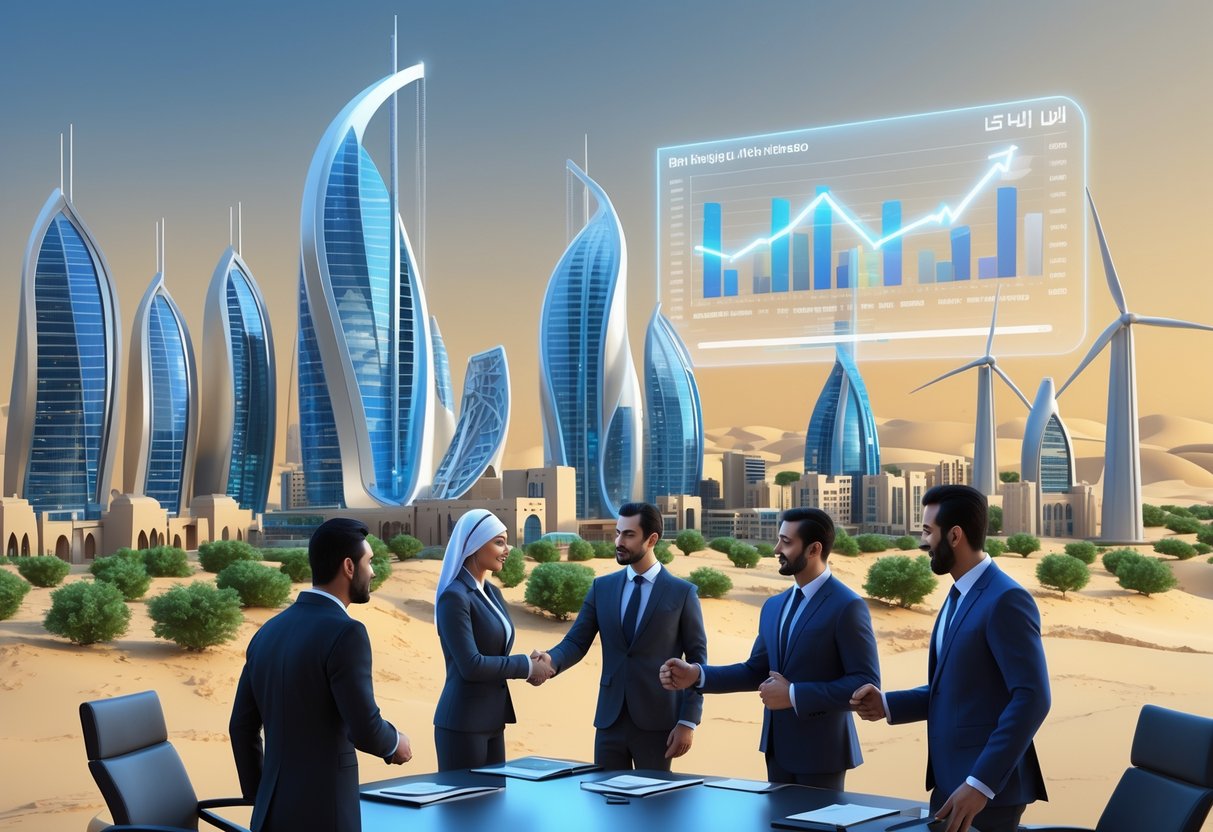 A modern Middle Eastern city with futuristic buildings, renewable energy installations, and businesspeople collaborating, set against a desert landscape turning green.