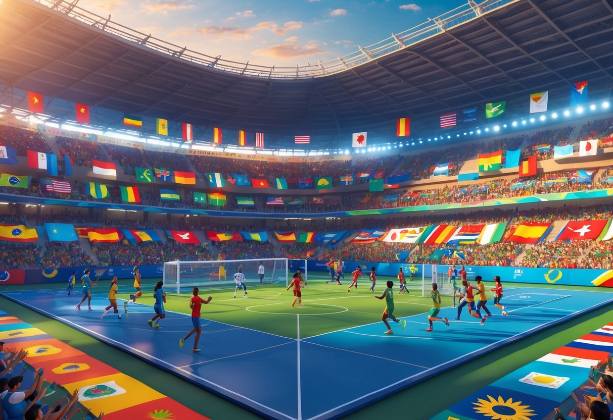 A large stadium filled with spectators watching athletes from Latin American countries compete in various sports during a tournament.