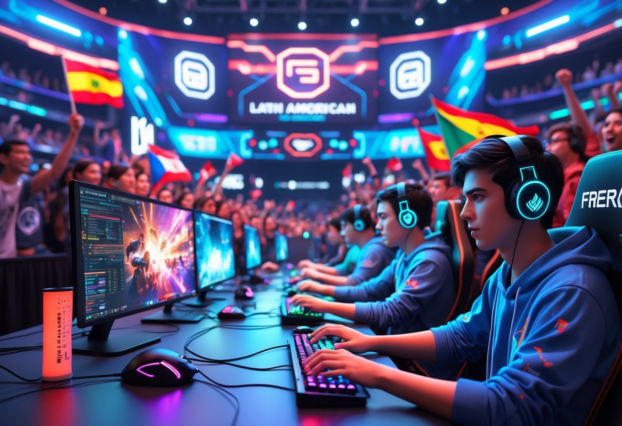 A lively indoor arena with players competing in an e-sports tournament and a cheering audience waving Latin American flags.