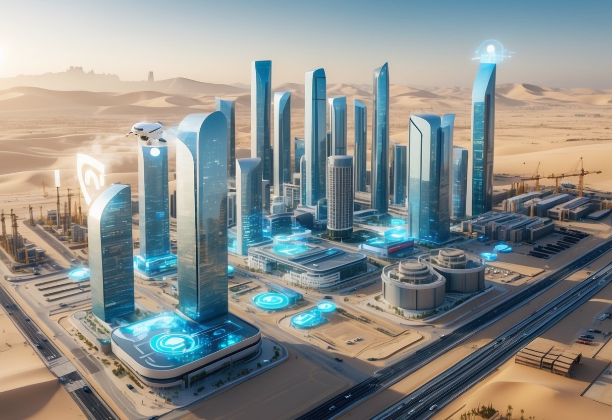 A futuristic Middle Eastern city with modern skyscrapers, digital technology elements, and industrial buildings under clear skies.