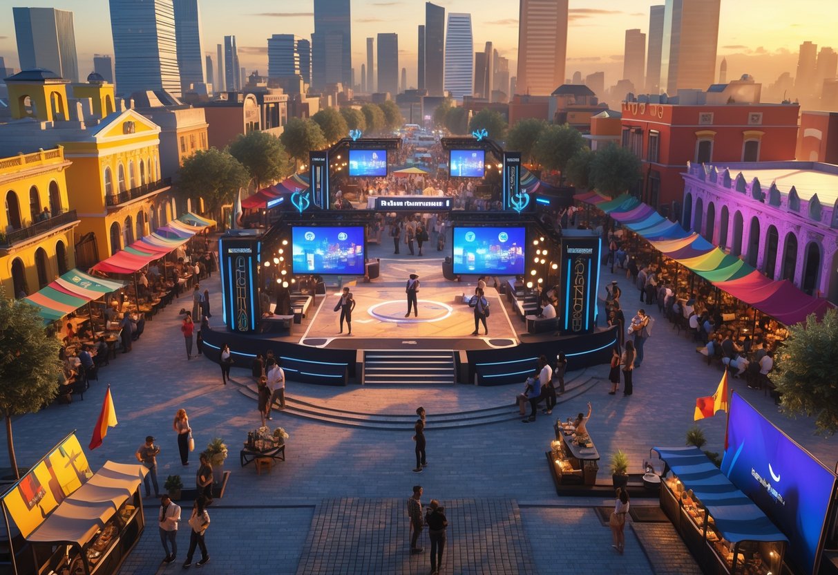 A lively city plaza with tournament stages, crowds, and colourful buildings reflecting Latin American culture.
