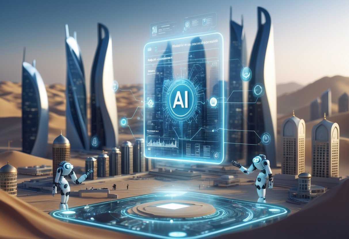 A futuristic Middle Eastern city with modern skyscrapers and a glowing AI hologram displaying data above a digital map, symbolising technology driving investment growth.