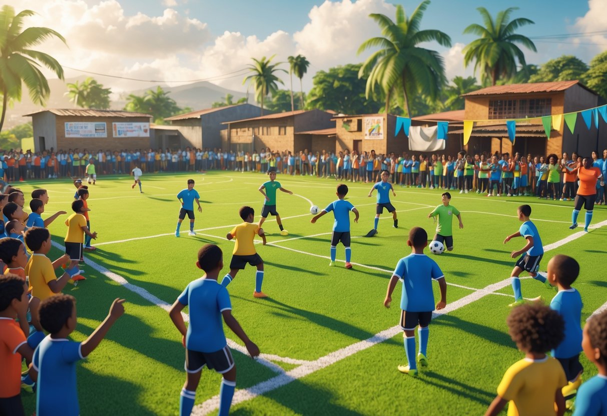 A lively outdoor football match with young players competing on a pitch surrounded by local spectators and tropical trees in a Latin American community.