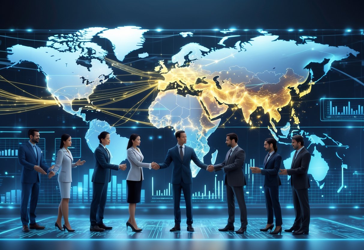 A 3D scene showing a glowing world map with light streams connecting global cities, focusing on the Middle East with bright highlights, alongside diverse businesspeople shaking hands and discussing partnerships.