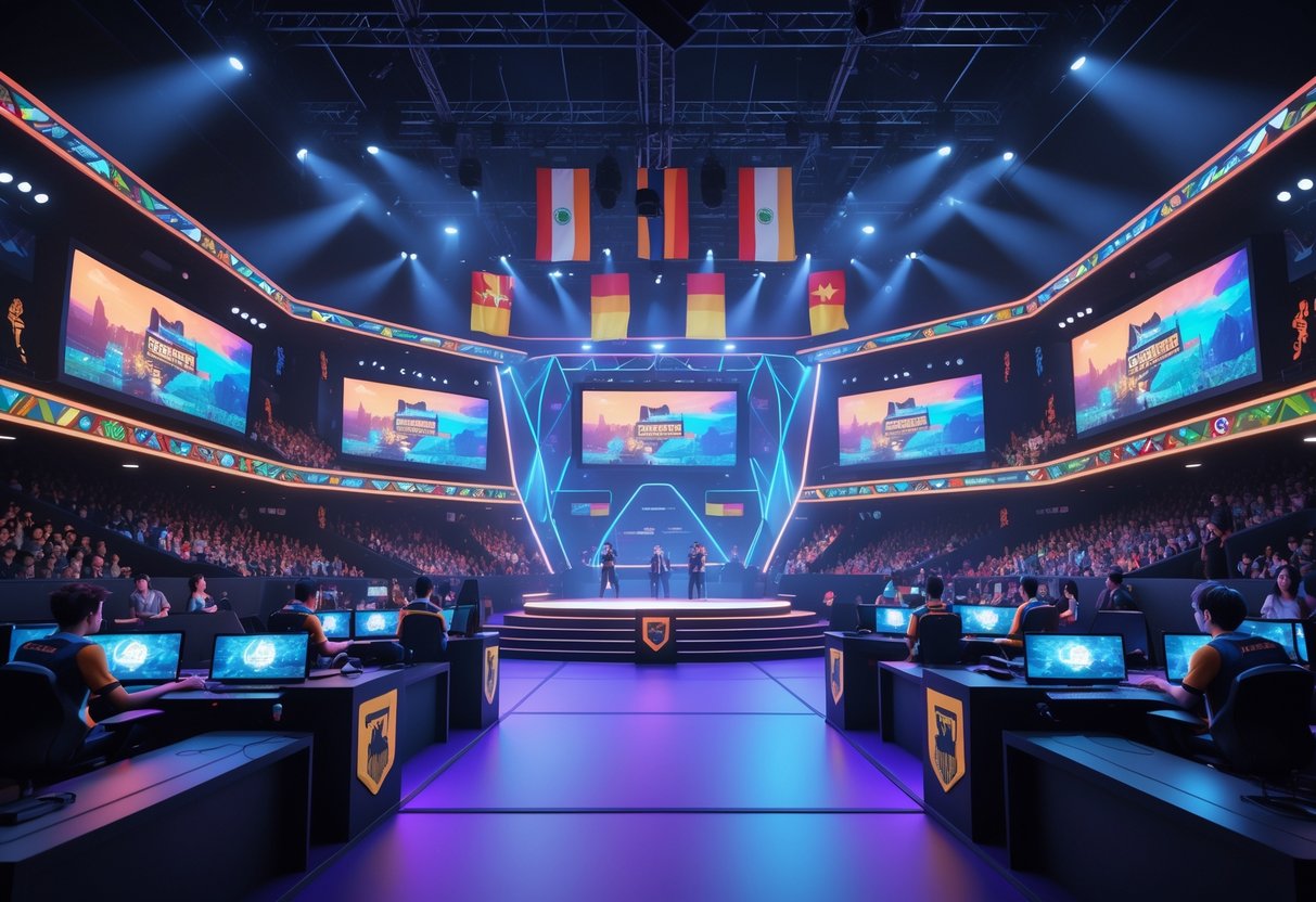 A lively esports tournament scene in a large arena decorated with Latin American cultural elements, showing players competing and an excited crowd watching.