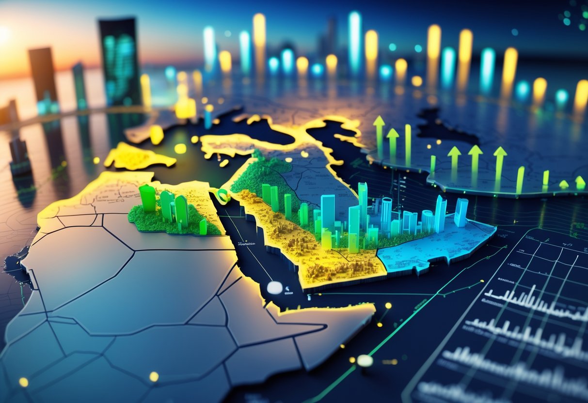 A 3D map of the Middle East with glowing economic centres, rising financial graphs, and landmarks like the Burj Khalifa, showing growth and investment activity.