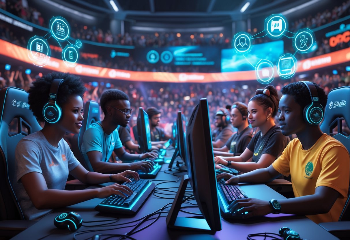 A group of young African gamers playing in a modern esports arena with digital screens and technology, surrounded by symbols representing skills and career growth.
