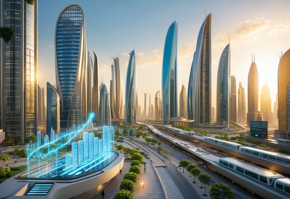 A futuristic Middle Eastern city with modern skyscrapers, business people, and digital investment symbols at sunset.