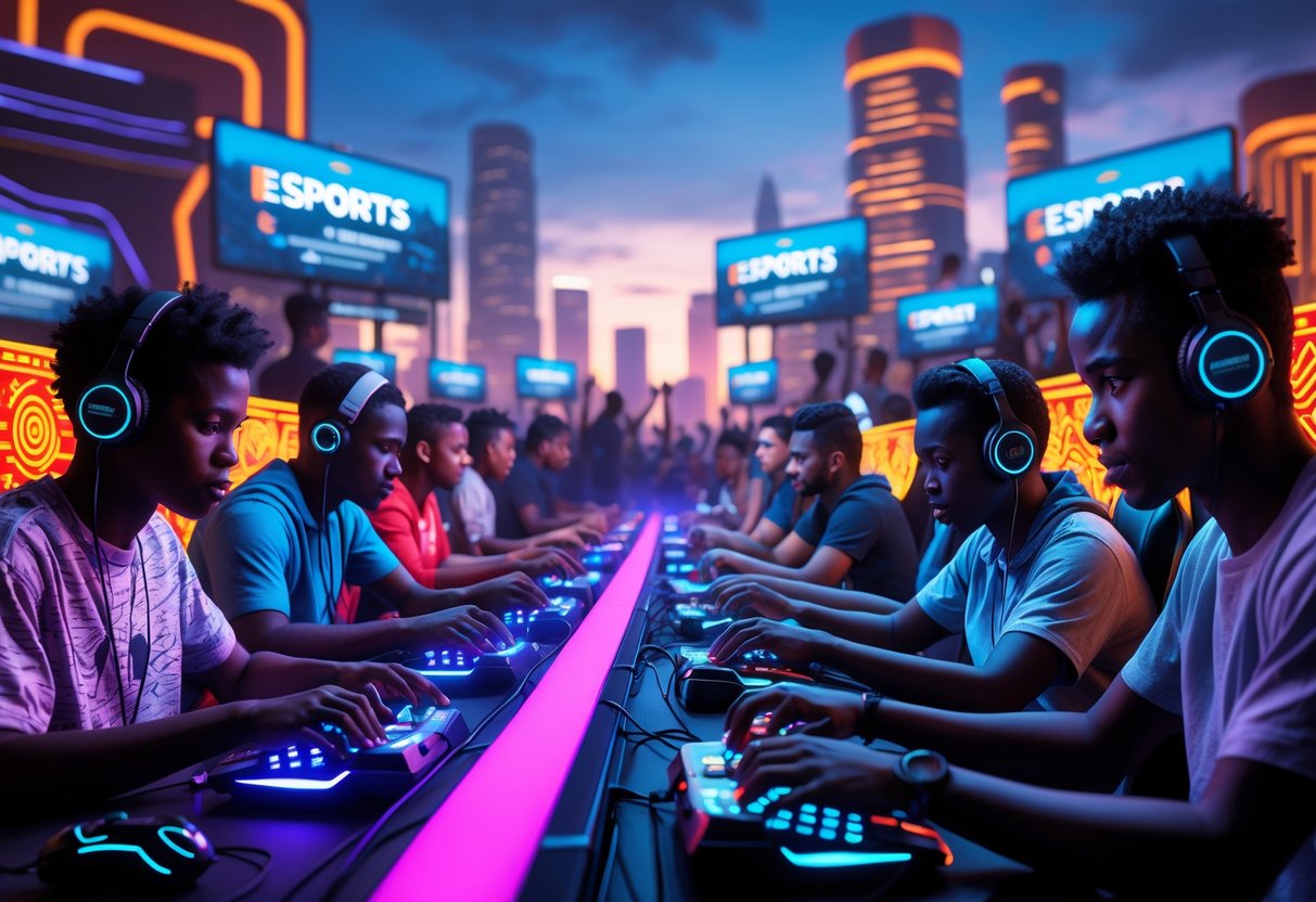 A group of young African gamers playing video games with a city skyline and cultural patterns in the background, showing the growth of esports in Africa.