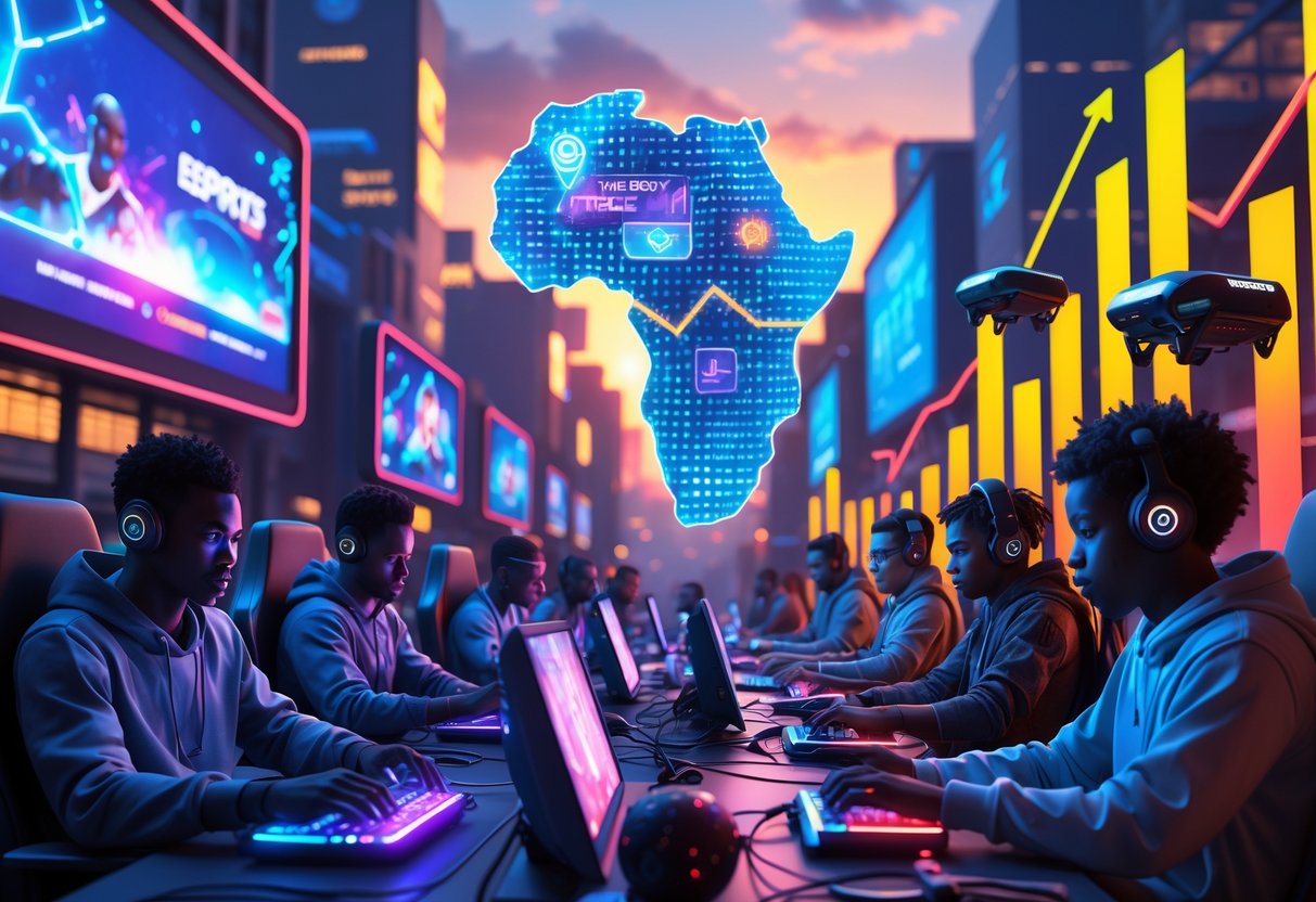 A futuristic African city with diverse young gamers playing competitively using advanced equipment, surrounded by holographic graphics showing growth and challenges in esports.
