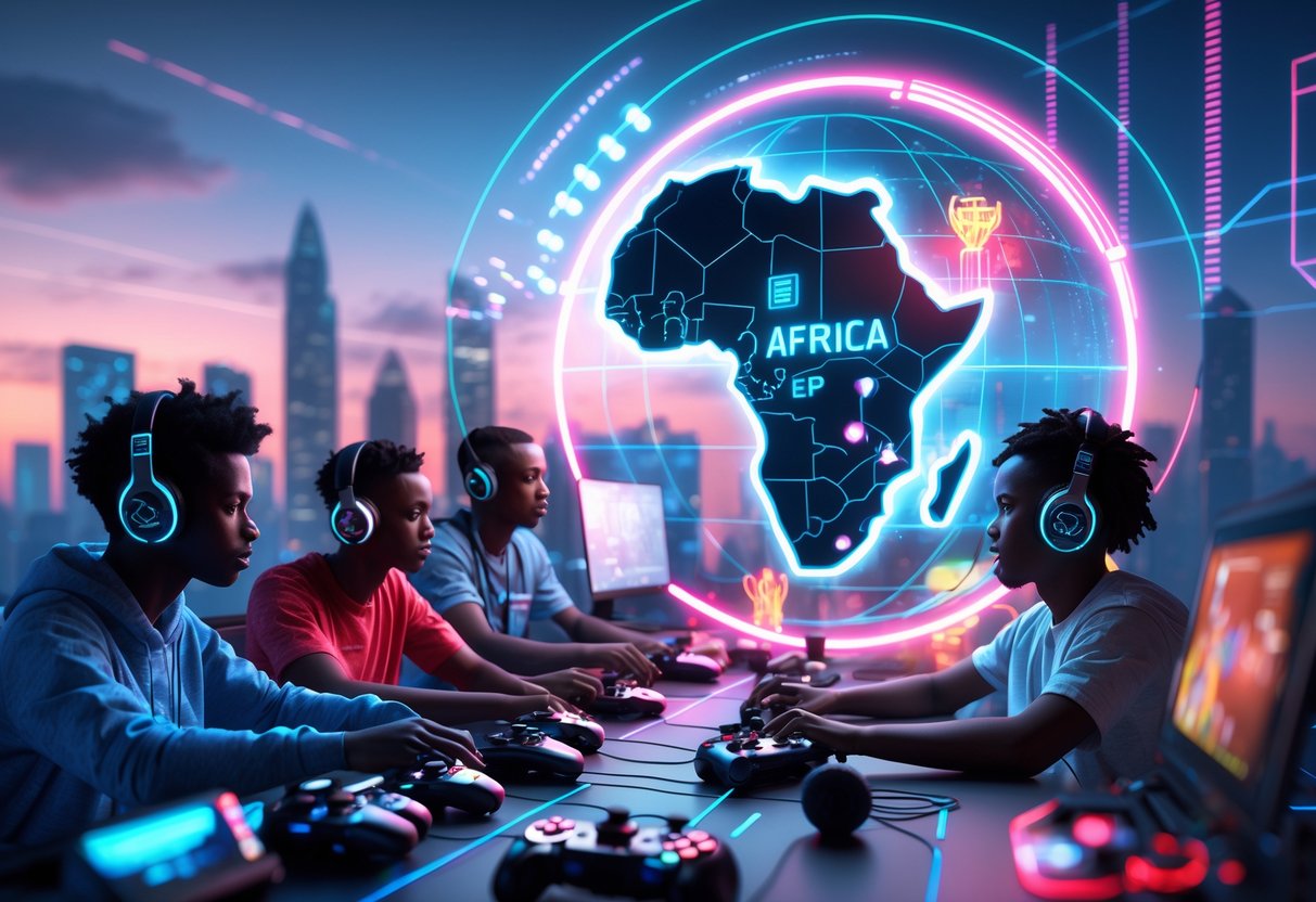 A digital scene showing diverse African gamers playing esports in a futuristic city with African landmarks and glowing holographic charts highlighting esports growth across Africa.