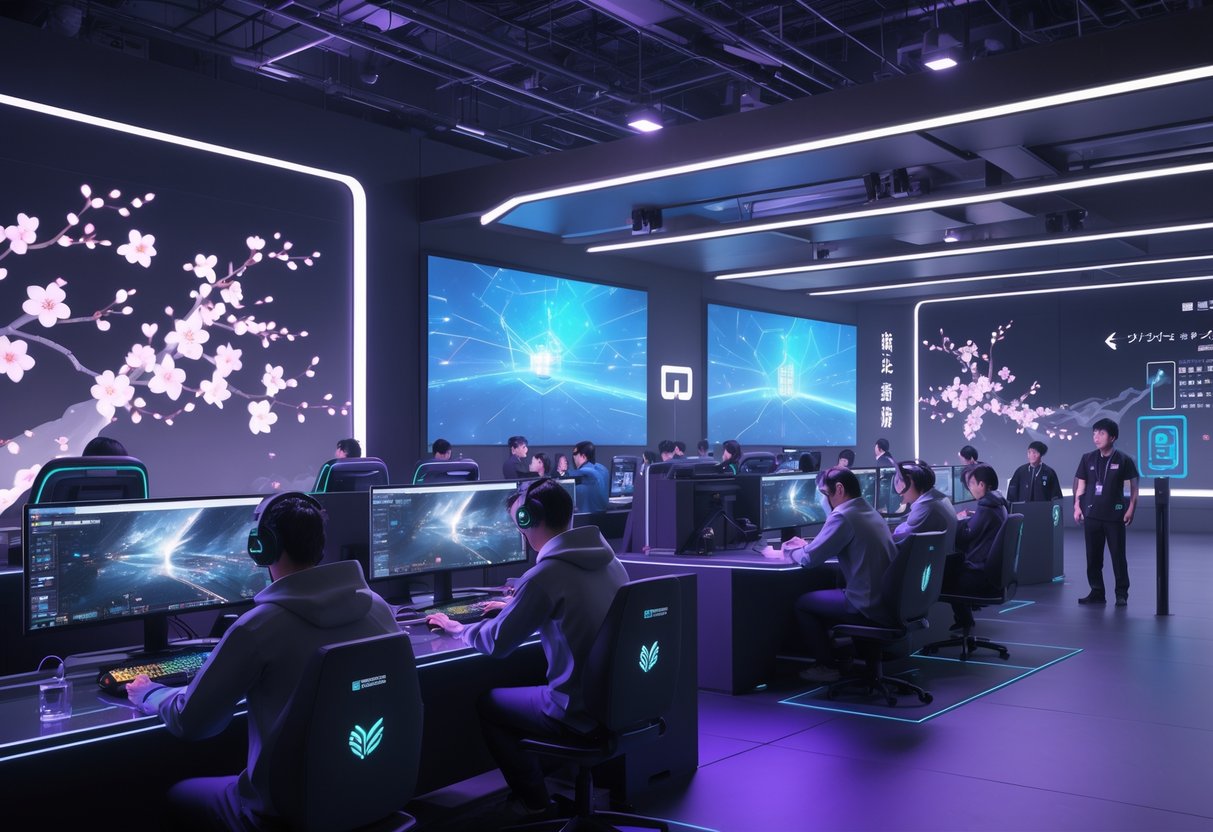 A futuristic esports tournament arena in Japan with gamers playing on high-tech setups, officials monitoring the event, and Japanese cultural elements integrated into the environment.