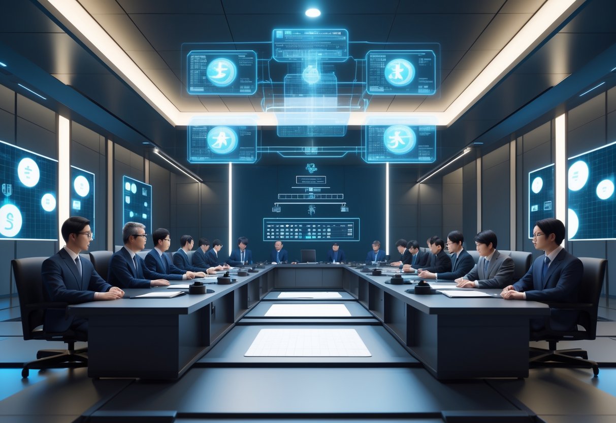A group of officials and esports players discussing esports laws in a modern Japanese courtroom with holographic displays and digital screens showing game and legal symbols.