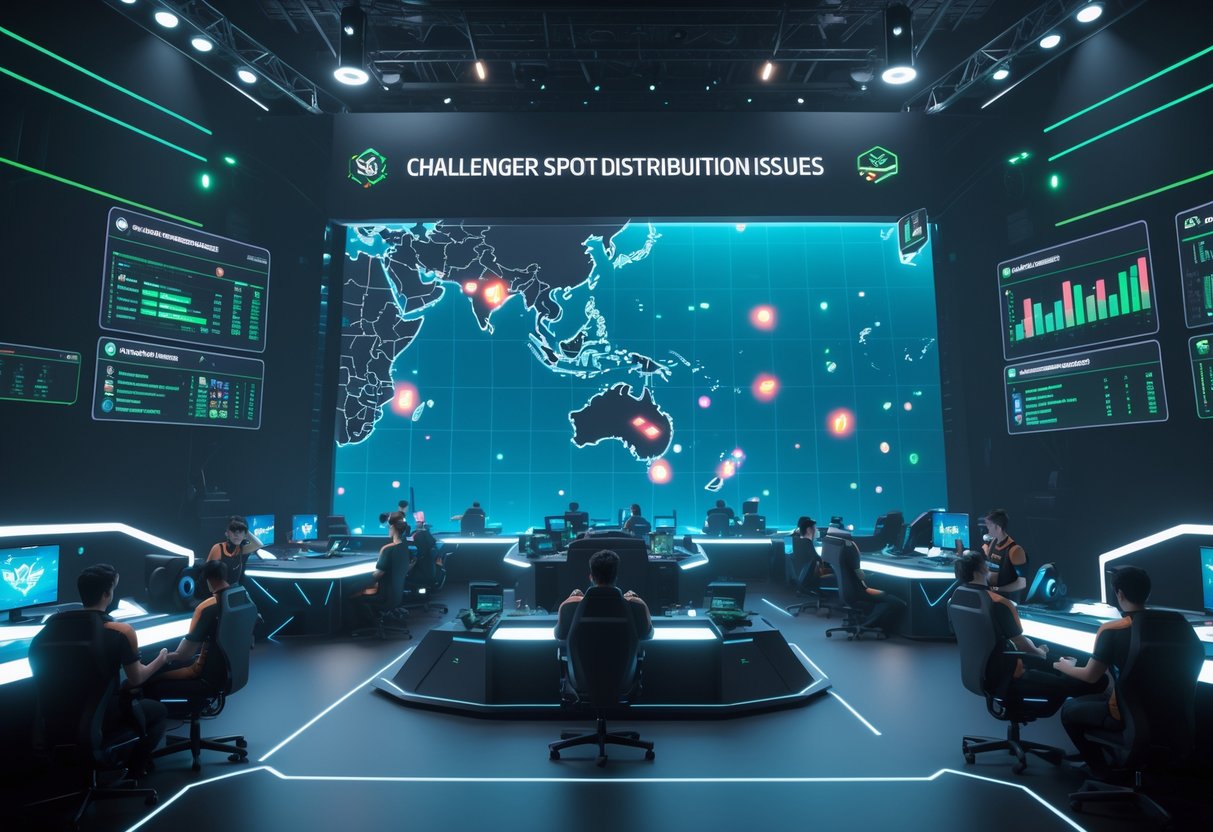 A 3D scene of a futuristic esports arena with a glowing map of Oceania showing scattered nodes and players focused on competitive gaming.