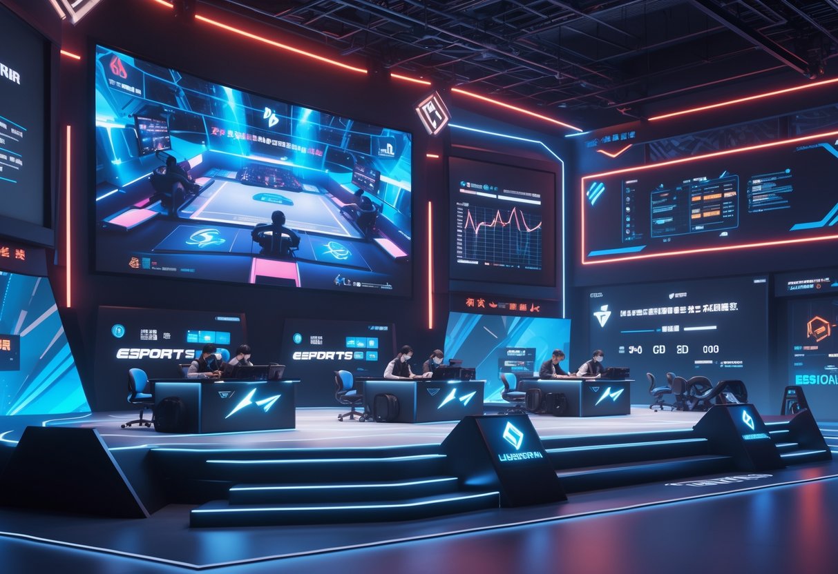 A 3D scene of a Japanese esports arena with gamers competing on stage, surrounded by large digital screens and futuristic lighting, blending traditional Japanese design elements with modern technology.
