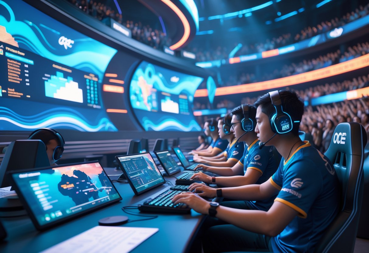 A 3D scene of an esports arena with two teams of players focused on holographic game displays, surrounded by ocean-inspired lighting and a cheering crowd.