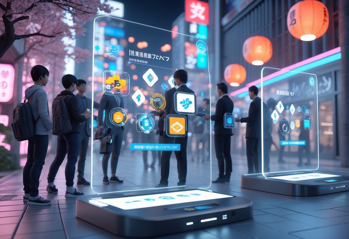 A digital marketplace in Japan where people exchange virtual goods and prepaid payment instruments related to esports, set in a futuristic urban environment with holographic displays and traditional cultural elements.