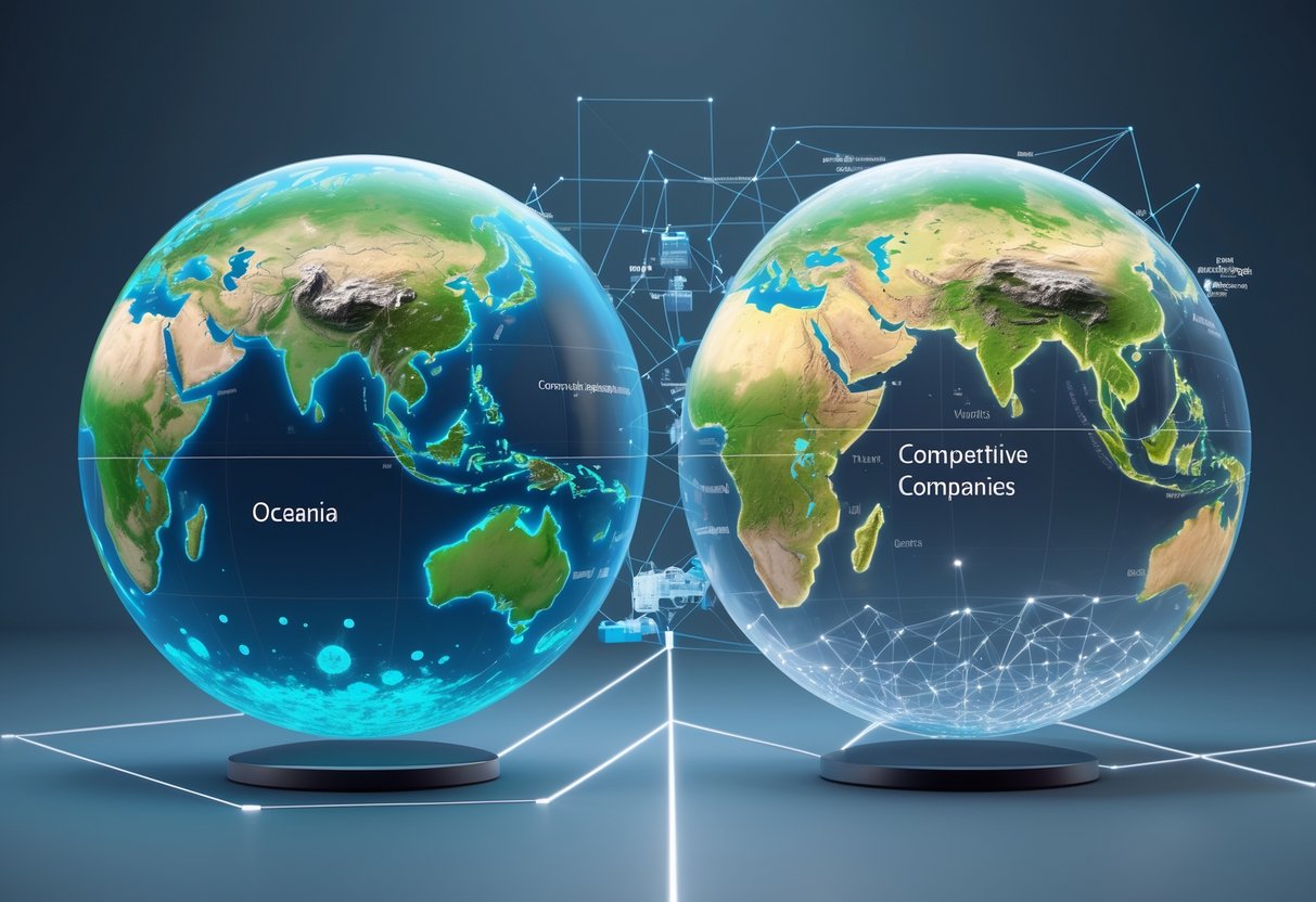 Two glowing semi-transparent globes side by side, one highlighting Oceania and the other showing multiple global regions, connected by floating data visualisations representing competition and international challenges.