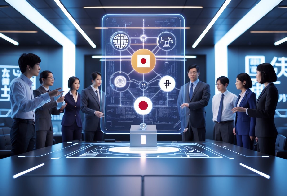 A group of professionals discussing a holographic display showing esports symbols, legal scales, and the Japanese flag in a modern conference room.