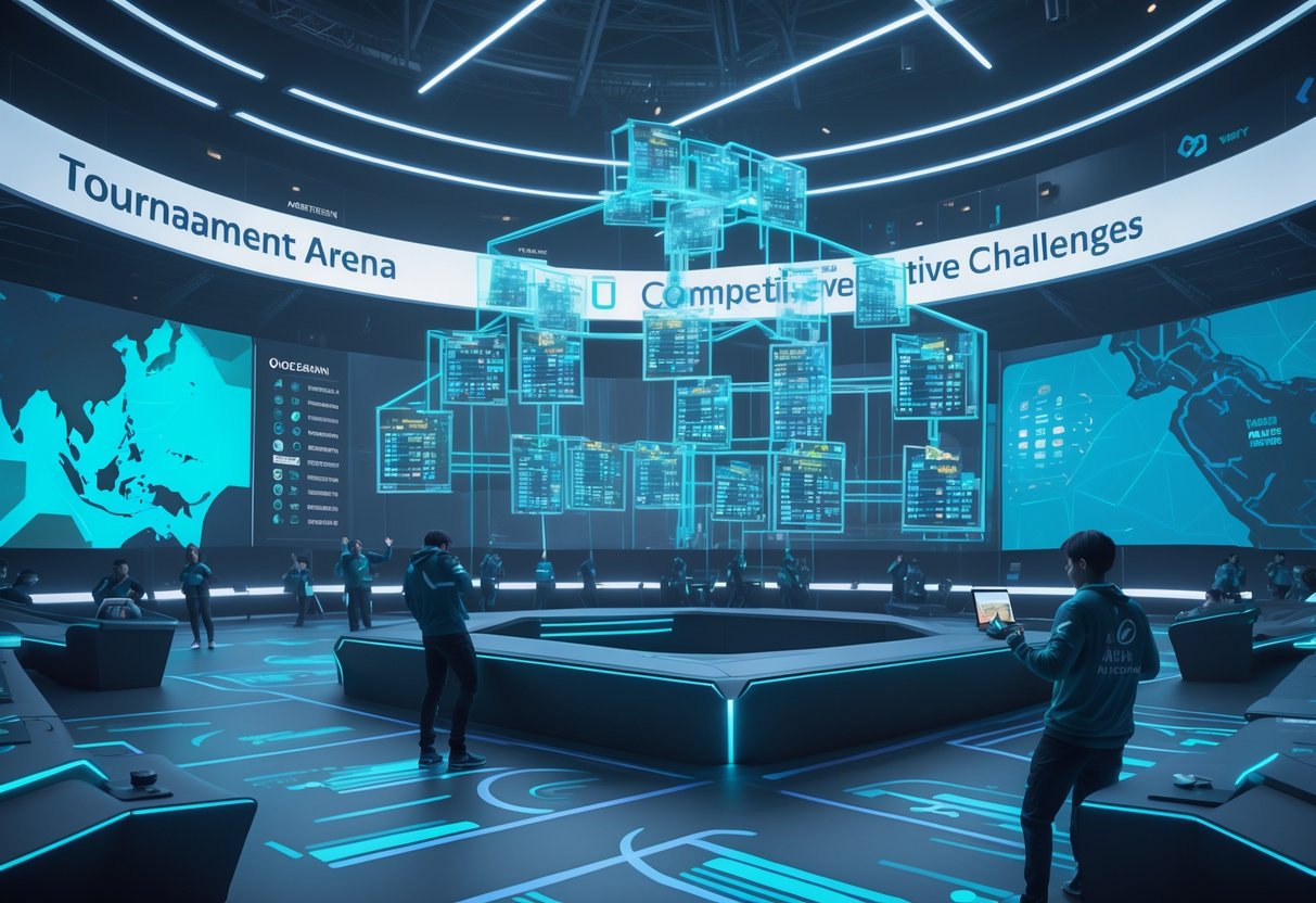 A 3D scene of a futuristic esports arena with holographic tournament brackets and digital avatars representing Oceanic competitive players, surrounded by ocean-themed lighting and abstract gaming elements.