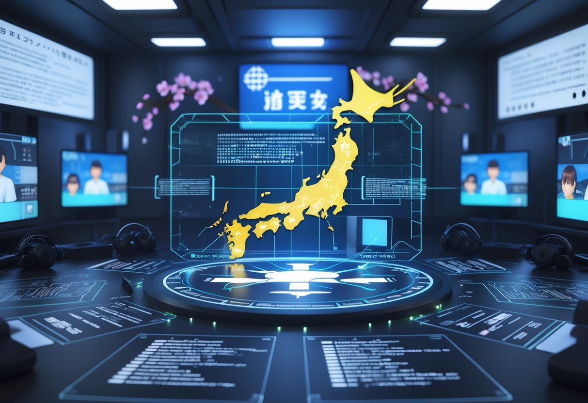 A futuristic control room with holographic displays showing a map of Japan, esports symbols, and broadcasting icons representing esports laws and rights.