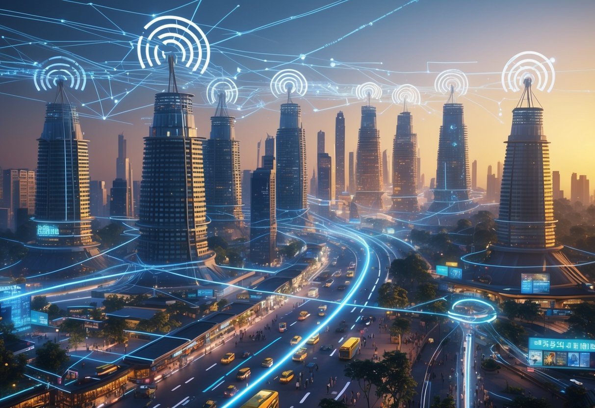 A futuristic Indian city with mobile towers and people using smartphones, showing widespread mobile connectivity.