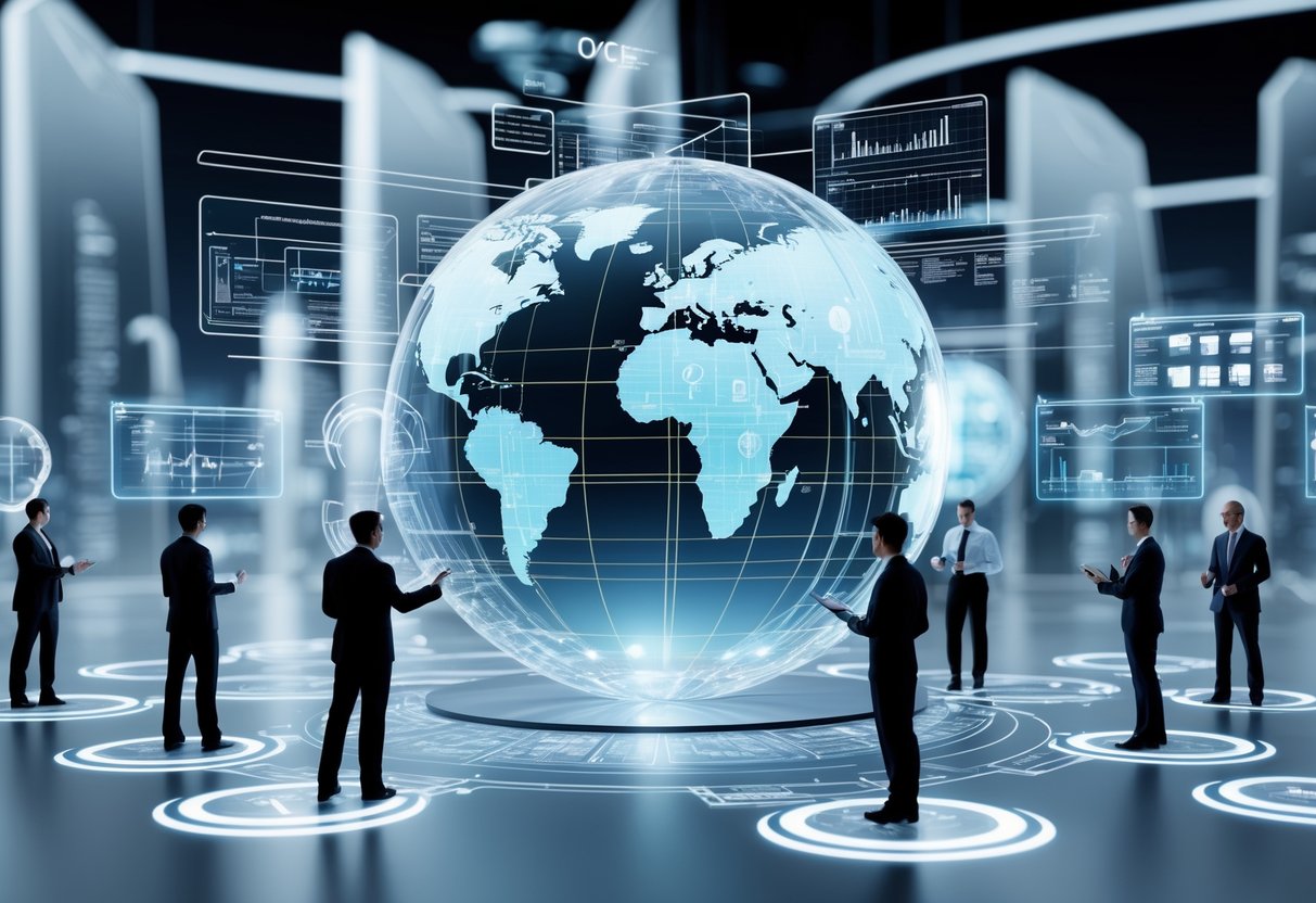 A 3D scene showing business people around a digital globe with floating charts and graphs, set in a modern corporate environment symbolising organisational changes and competition.