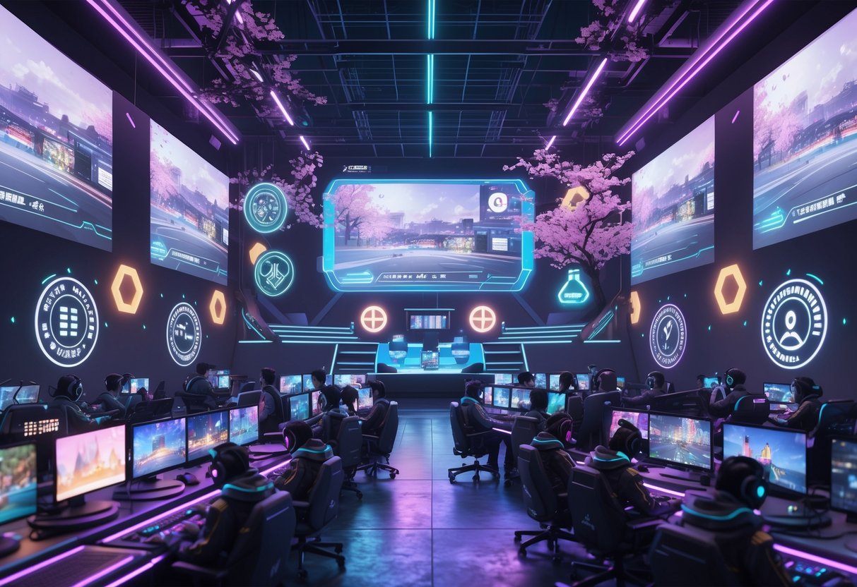 A futuristic esports arena in Japan with players competing and neon lights, blending traditional Japanese elements with modern technology.
