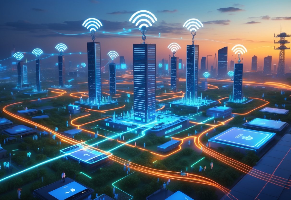 A futuristic city and countryside scene in India connected by glowing 5G signals and fibre optic cables, with people using mobile devices across urban and rural areas.