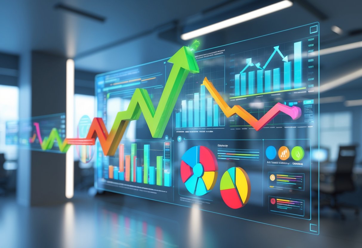 A 3D scene showing floating digital charts and graphs representing growth and decline trends, with icons symbolising competition, set in a modern office environment.
